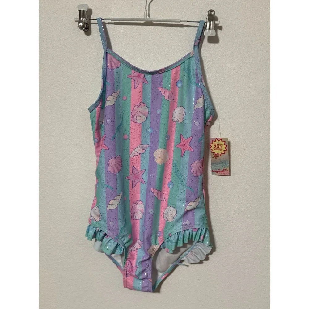 BMagical Girls 2-Piece Swimsuit Lot Size 12 - Pink/Teal Cut-Out & Seashell 1 NWT